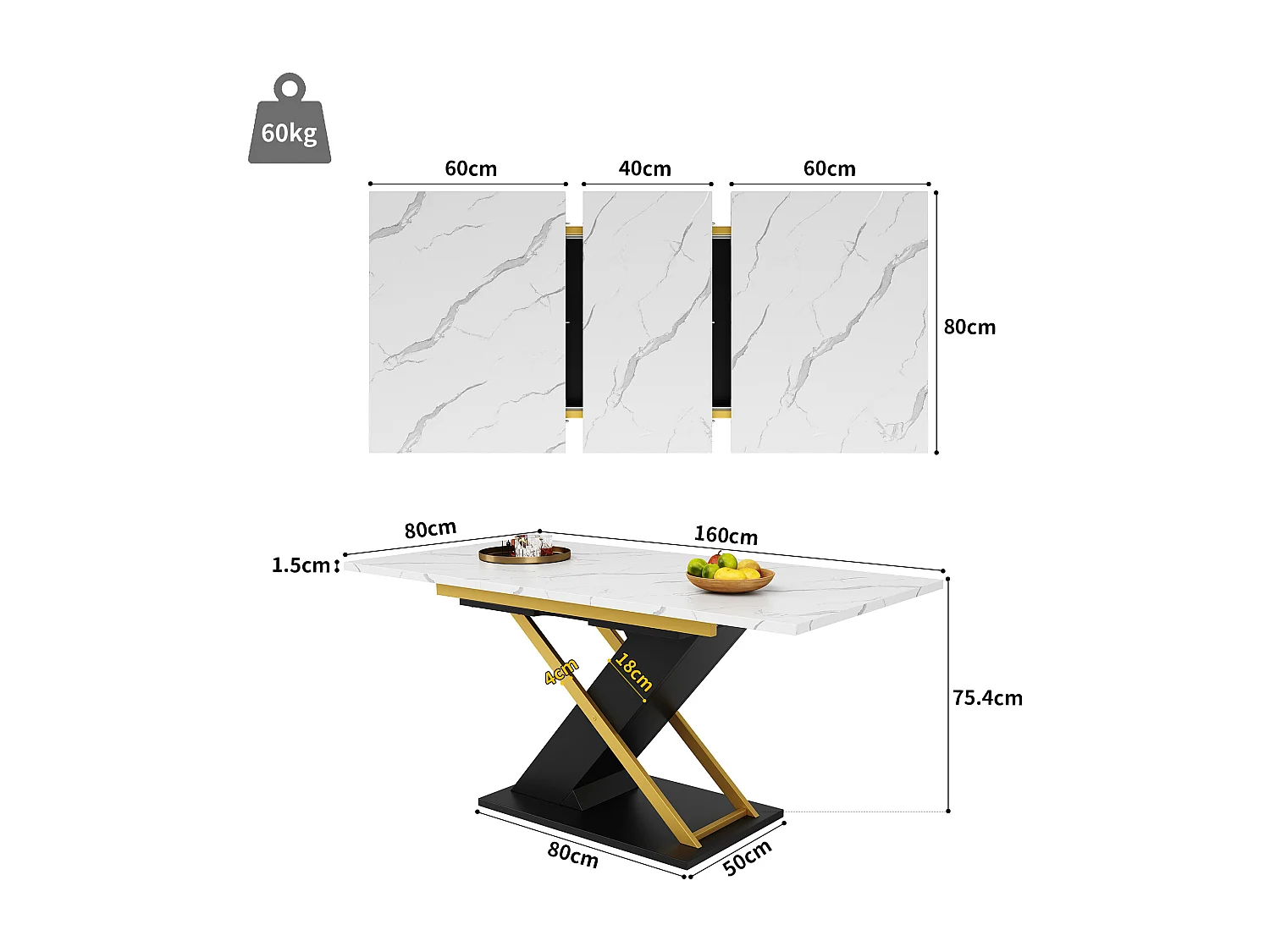Table à manger extensible 4 à 6 couverts - 120/160 x 80 x 75.4 cm - MDF + Pieds en métal crosés - Blanc + noir