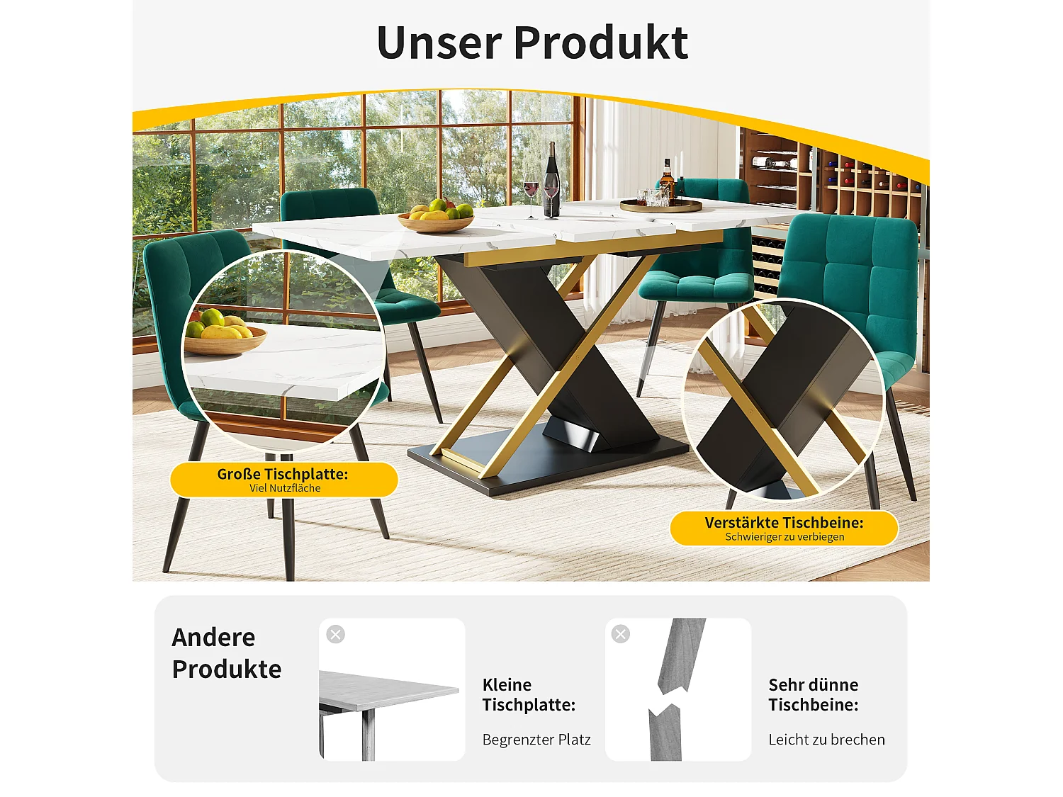 Table à manger extensible 4 à 6 couverts - 120/160 x 80 x 75.4 cm - MDF + Pieds en métal crosés - Blanc + noir