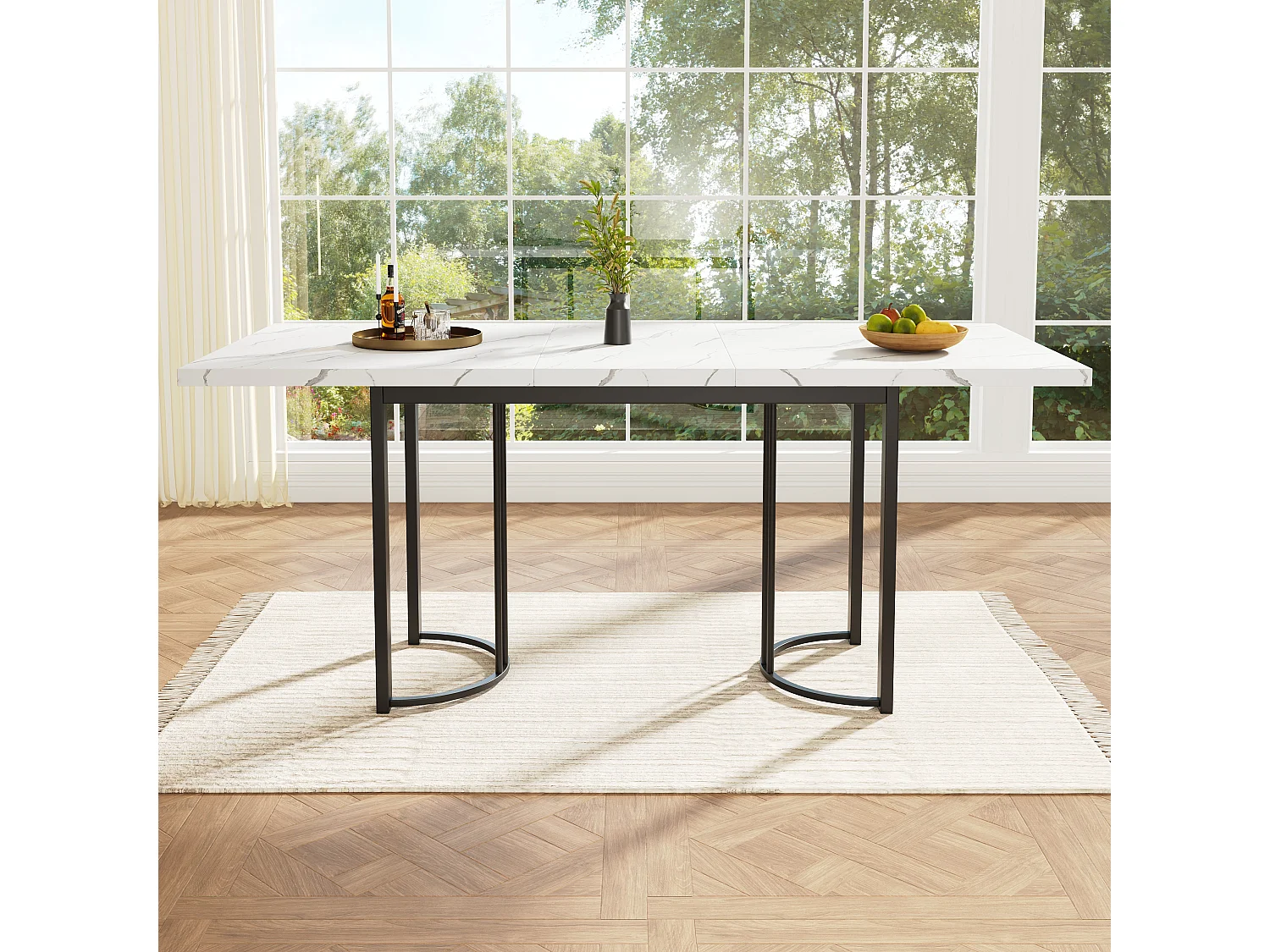 Mesa de comedor extensible para 4 a 6 personas - 140/179,5 x 80 x 75,5 cm - Tablero extensible - MDF + Patas de metal - Blanco + negro