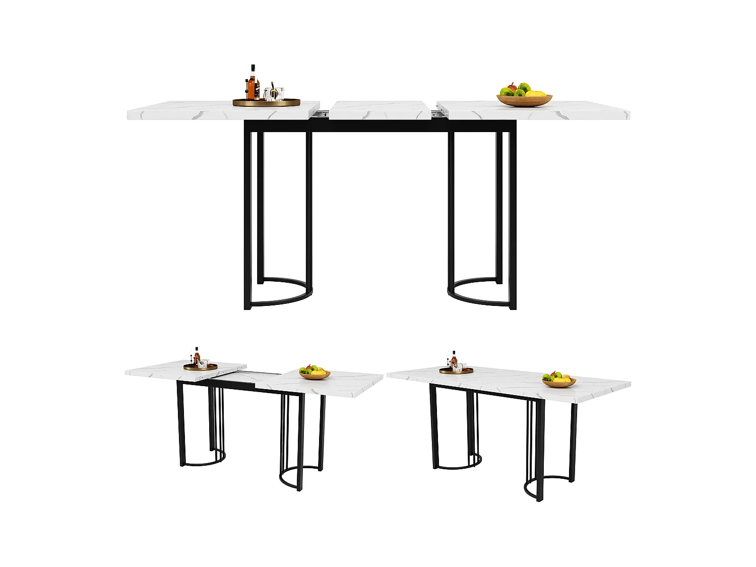 Table à manger extensible 4 à 6 couverts - 140/179.5 x 80 x 75.5 cm - Plateau extensible - MDF + Pieds en métal - Blanc + noir