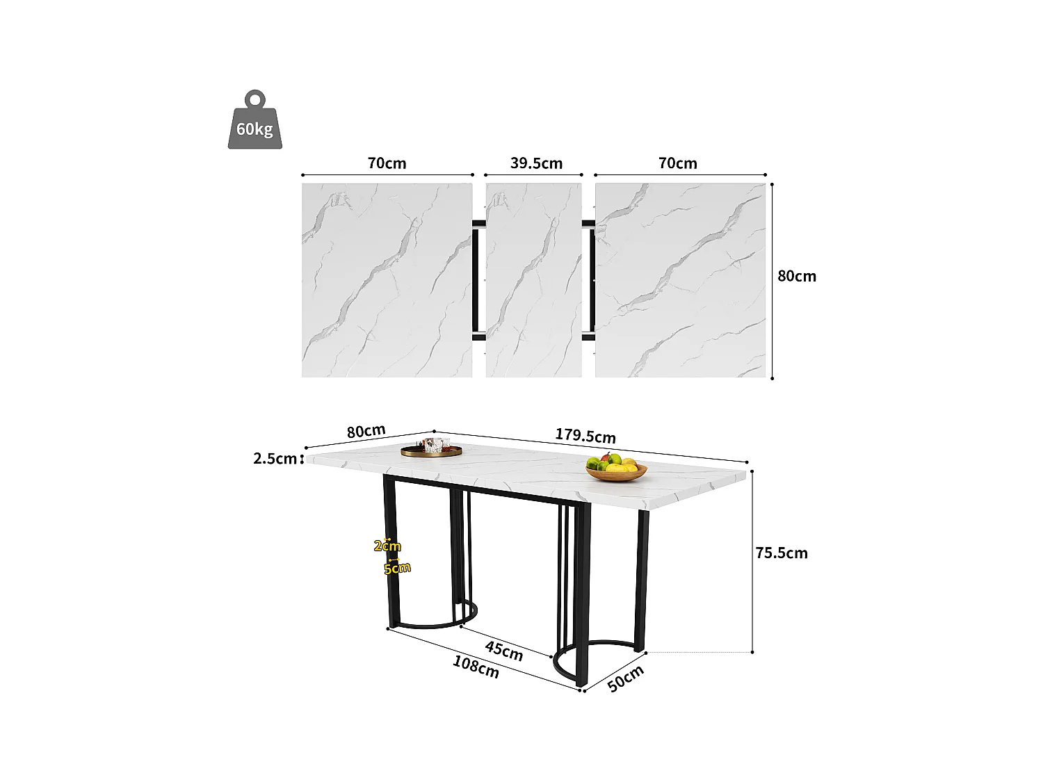Table à manger extensible 4 à 6 couverts - 140/179.5 x 80 x 75.5 cm - Plateau extensible - MDF + Pieds en métal - Blanc + noir