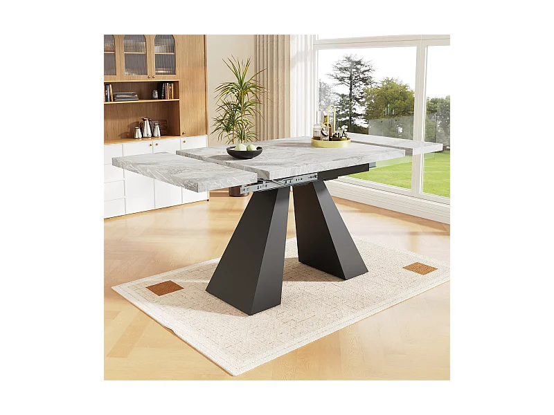 Tavolo da pranzo estensibile - 99-159 x 74 x 77 cm - Piano effetto marmo - MDF e metallo - Grigio + nero
