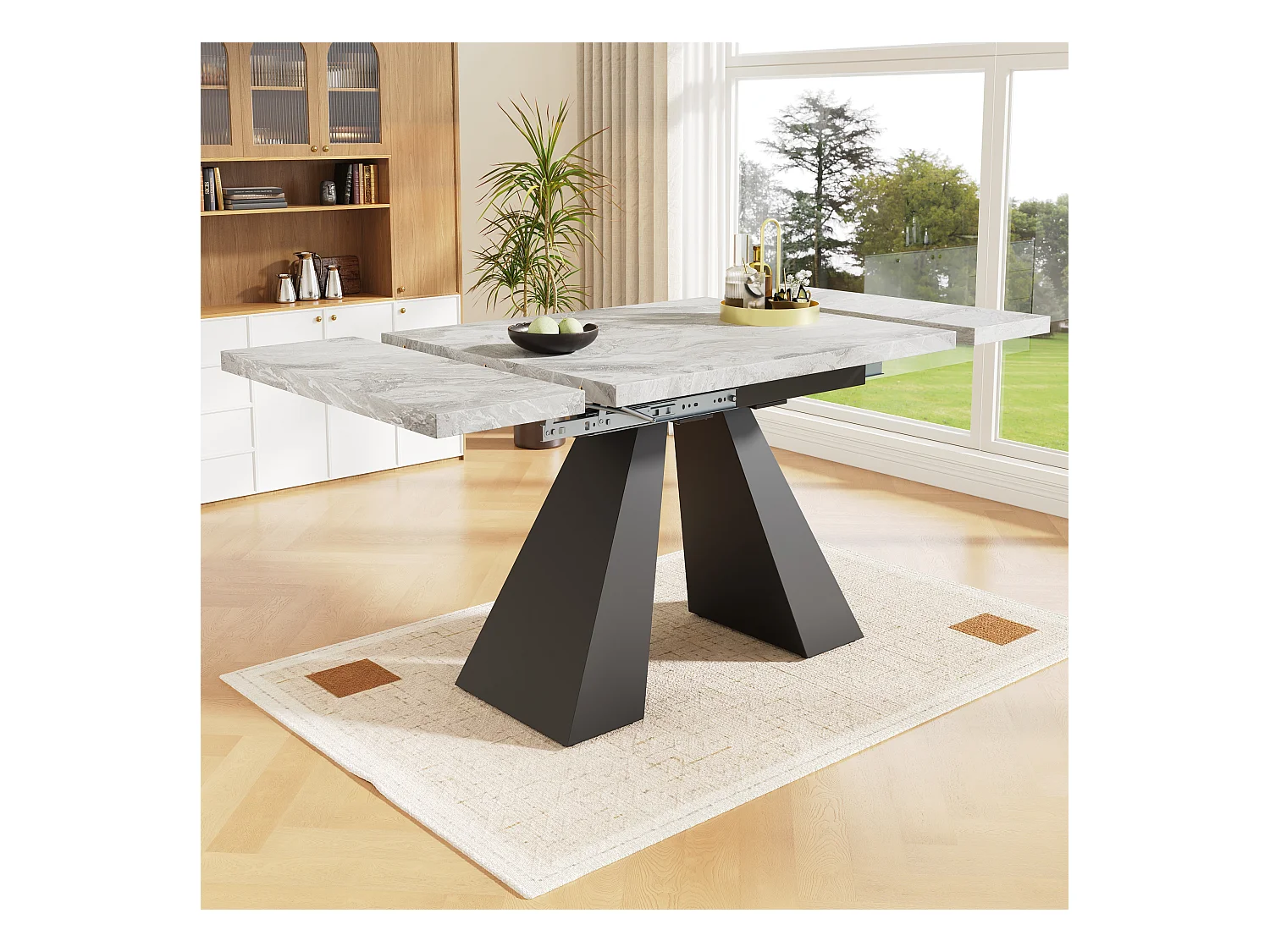 Table à manger extensible - 99-159 x 74 x 77 cm - Plateau en effet marbre - MDF et métal - Gris + noir