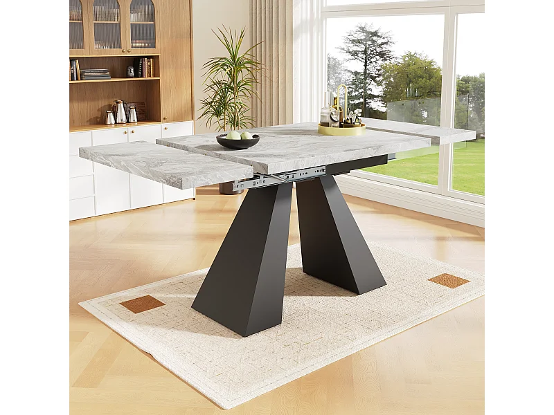 Tavolo da pranzo estensibile - 99-159 x 74 x 77 cm - Piano effetto marmo - MDF e metallo - Grigio + nero
