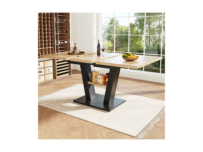 Ausziehbarer Esstisch für 4 bis 6 Personen - 118/157 x 70 x 75 cm - Ausziehbare Platte - MDF + Metallbeine - Natur + Schwarz