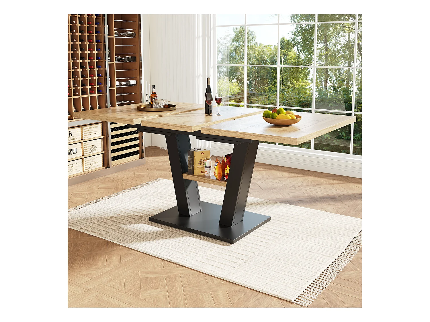 Table à manger extensible 4 à 6 couverts - 118/157 x 70 x 75 cm - Plateau extensible - MDF + Pieds en métal - Naturel + noir