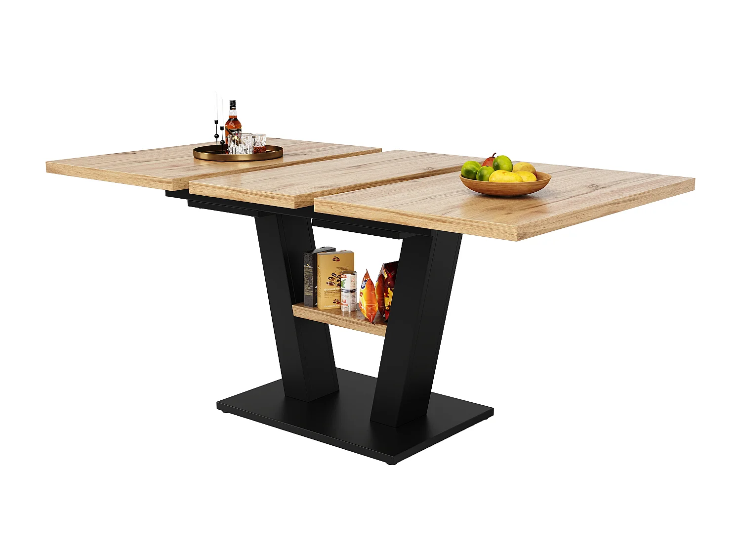 Ausziehbarer Esstisch für 4 bis 6 Personen - 118/157 x 70 x 75 cm - Ausziehbare Platte - MDF + Metallbeine - Natur + Schwarz