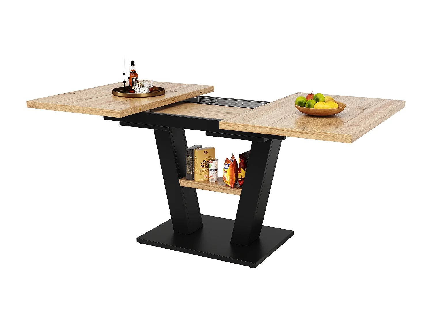 Ausziehbarer Esstisch für 4 bis 6 Personen - 118/157 x 70 x 75 cm - Ausziehbare Platte - MDF + Metallbeine - Natur + Schwarz