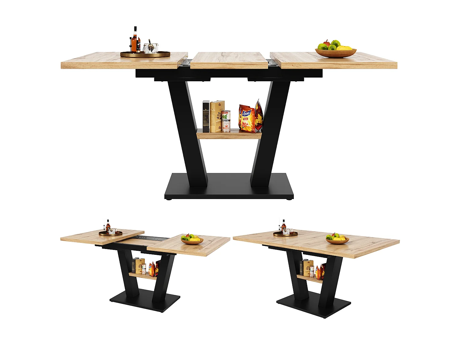 Ausziehbarer Esstisch für 4 bis 6 Personen - 118/157 x 70 x 75 cm - Ausziehbare Platte - MDF + Metallbeine - Natur + Schwarz