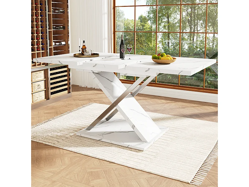 Ausziehbarer Esstisch für 4 bis 6 Personen - 118/157 x 70 x 75 cm - Platte in Marmoroptik - MDF und Metall - Weiß