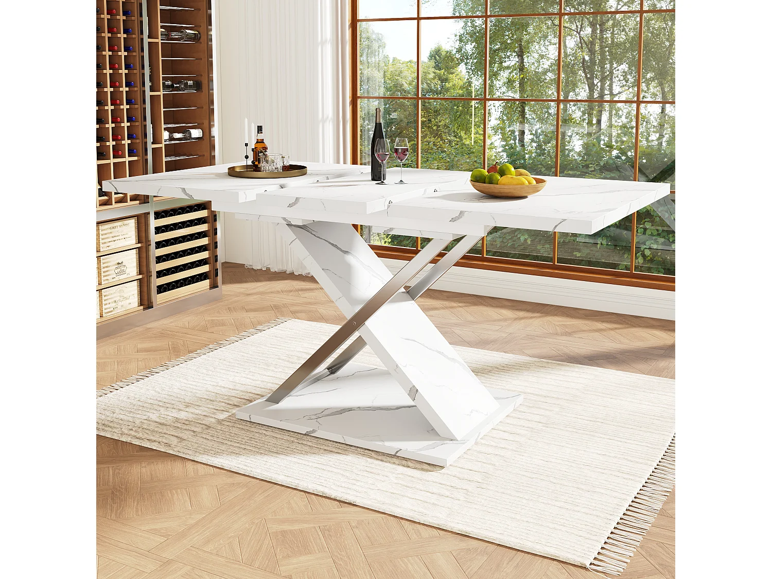 Mesa de comedor extensible para 4 a 6 personas - 118/157 x 70 x 75 cm - Tablero efecto mármol - MDF y metal - Blanco