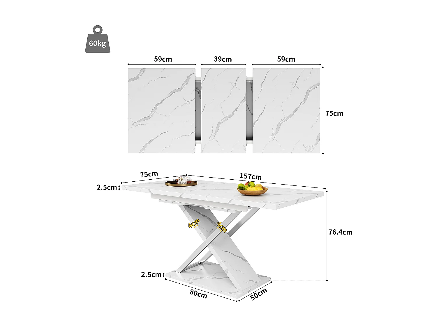 Mesa de comedor extensible para 4 a 6 personas - 118/157 x 70 x 75 cm - Tablero efecto mármol - MDF y metal - Blanco