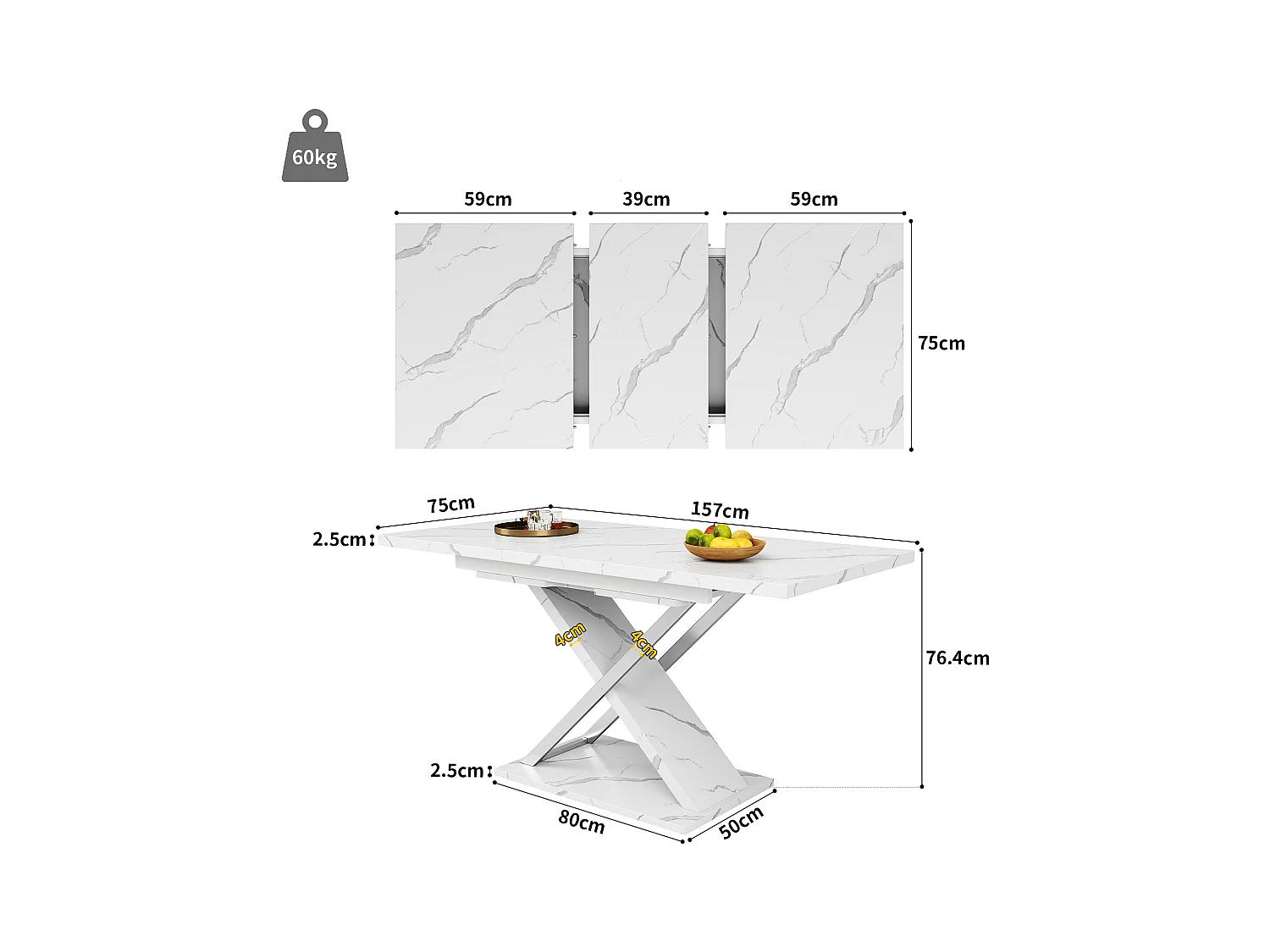 Tavolo da pranzo estensibile per 4/6 persone - 118/157 x 70 x 75 cm - Piano effetto marmo - MDF e metallo - Bianco