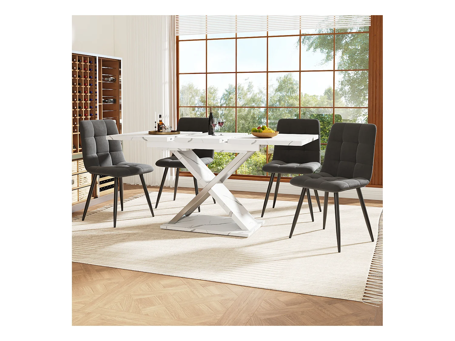 Tavolo da pranzo estensibile per 4/6 persone - 118/157 x 70 x 75 cm - Piano effetto marmo - MDF e metallo - Bianco