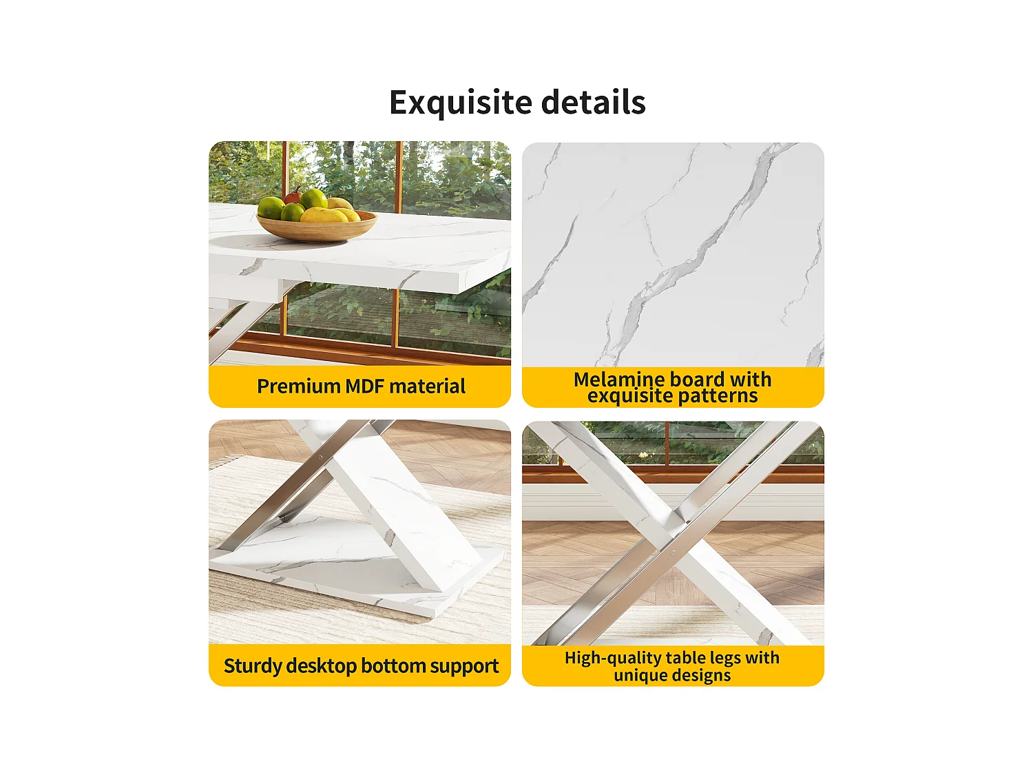 Tavolo da pranzo estensibile per 4/6 persone - 118/157 x 70 x 75 cm - Piano effetto marmo - MDF e metallo - Bianco