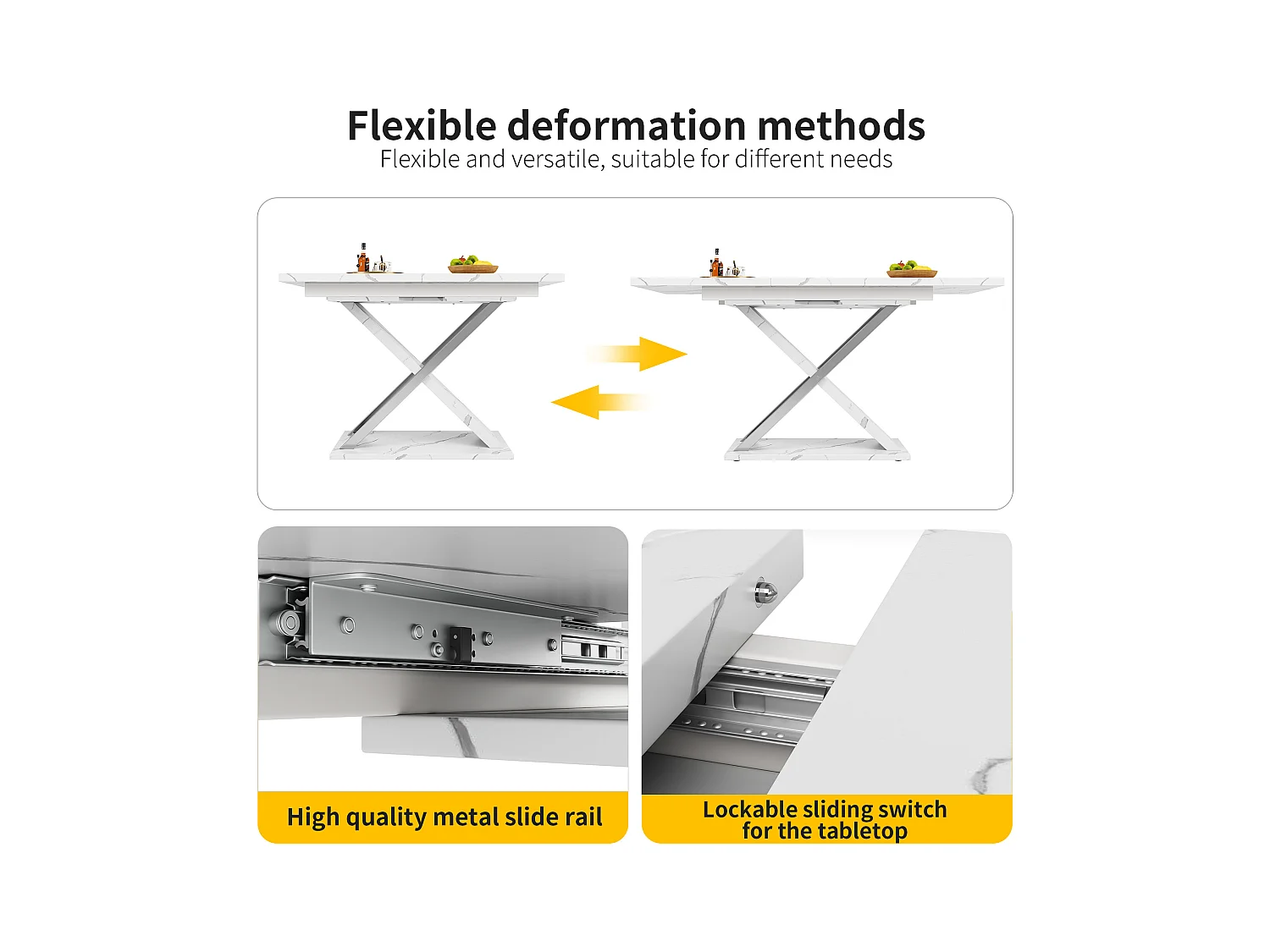 Tavolo da pranzo estensibile per 4/6 persone - 118/157 x 70 x 75 cm - Piano effetto marmo - MDF e metallo - Bianco