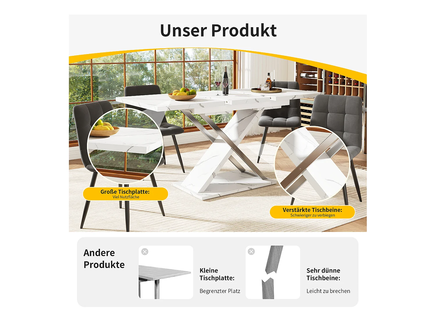 Tavolo da pranzo estensibile per 4/6 persone - 118/157 x 70 x 75 cm - Piano effetto marmo - MDF e metallo - Bianco