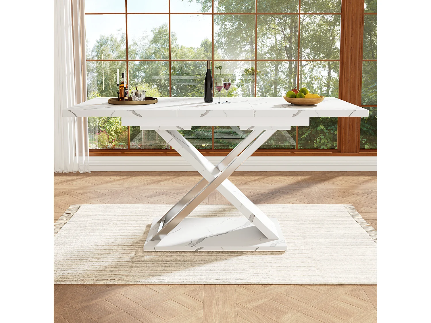 Tavolo da pranzo estensibile per 4/6 persone - 118/157 x 70 x 75 cm - Piano effetto marmo - MDF e metallo - Bianco