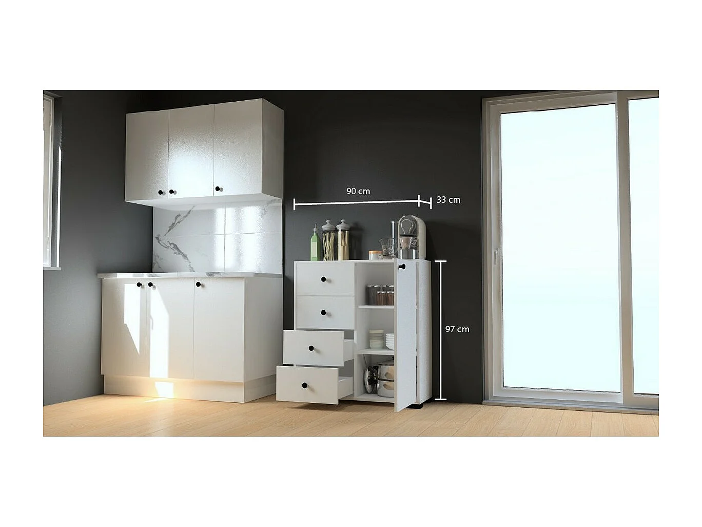 Commode à Tiroirs Madrid, Blanc, 90,3x33x189 cm, Epikasa