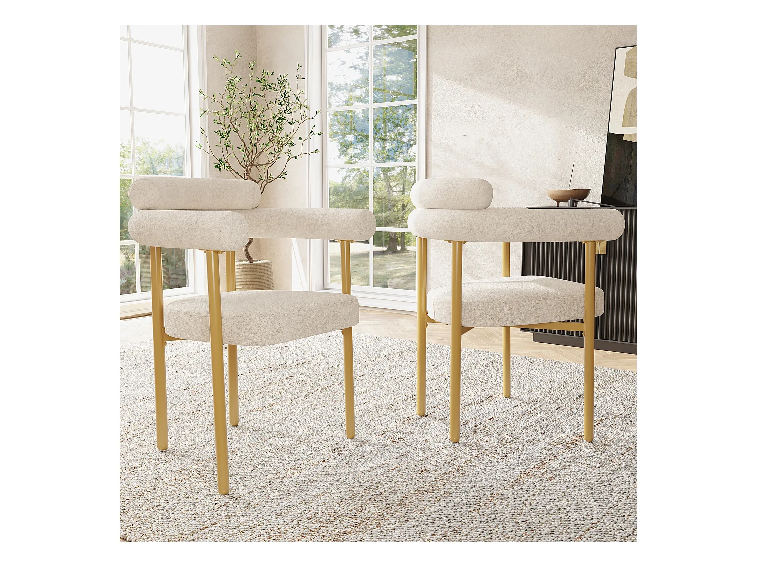 Set van 2 eetkamerstoelen met armleuningen - 70 x 62 x 84 cm - fluweel en gouden metalen poten - moderne stijl - beige
