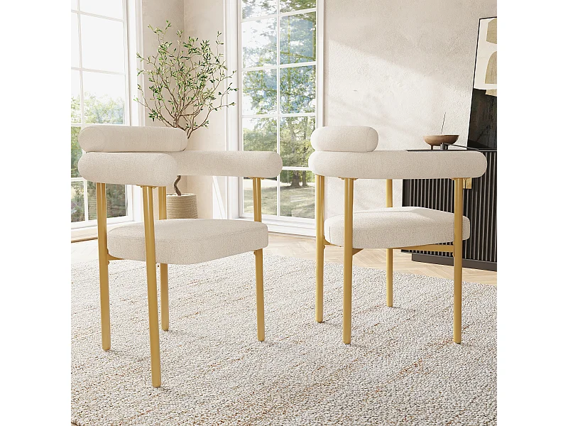 Lot de 2 chaises de salle à manger avec accoudoirs - 70 x 62 x 84 cm - Velours et pièds en métal doré - Style moderne - Beige
