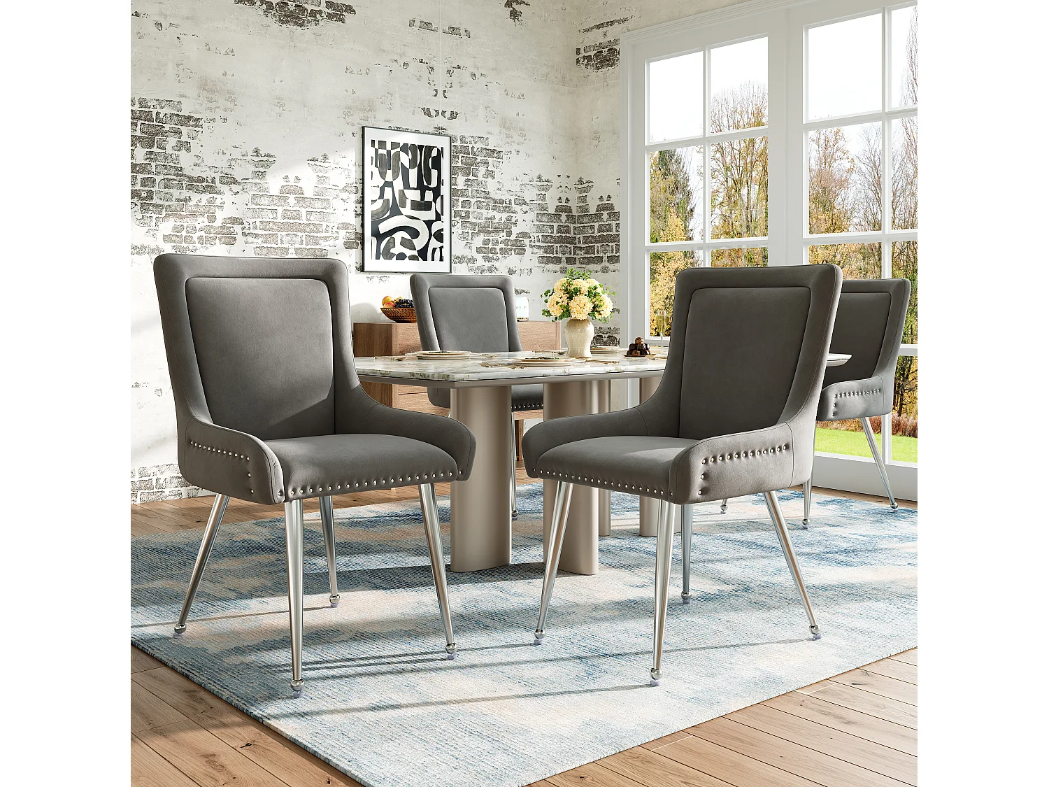 Set di 4 sedie da pranzo senza braccioli - 54 X 60 X 87 cm - Velluto e gambe in ferro argentato - Grigio