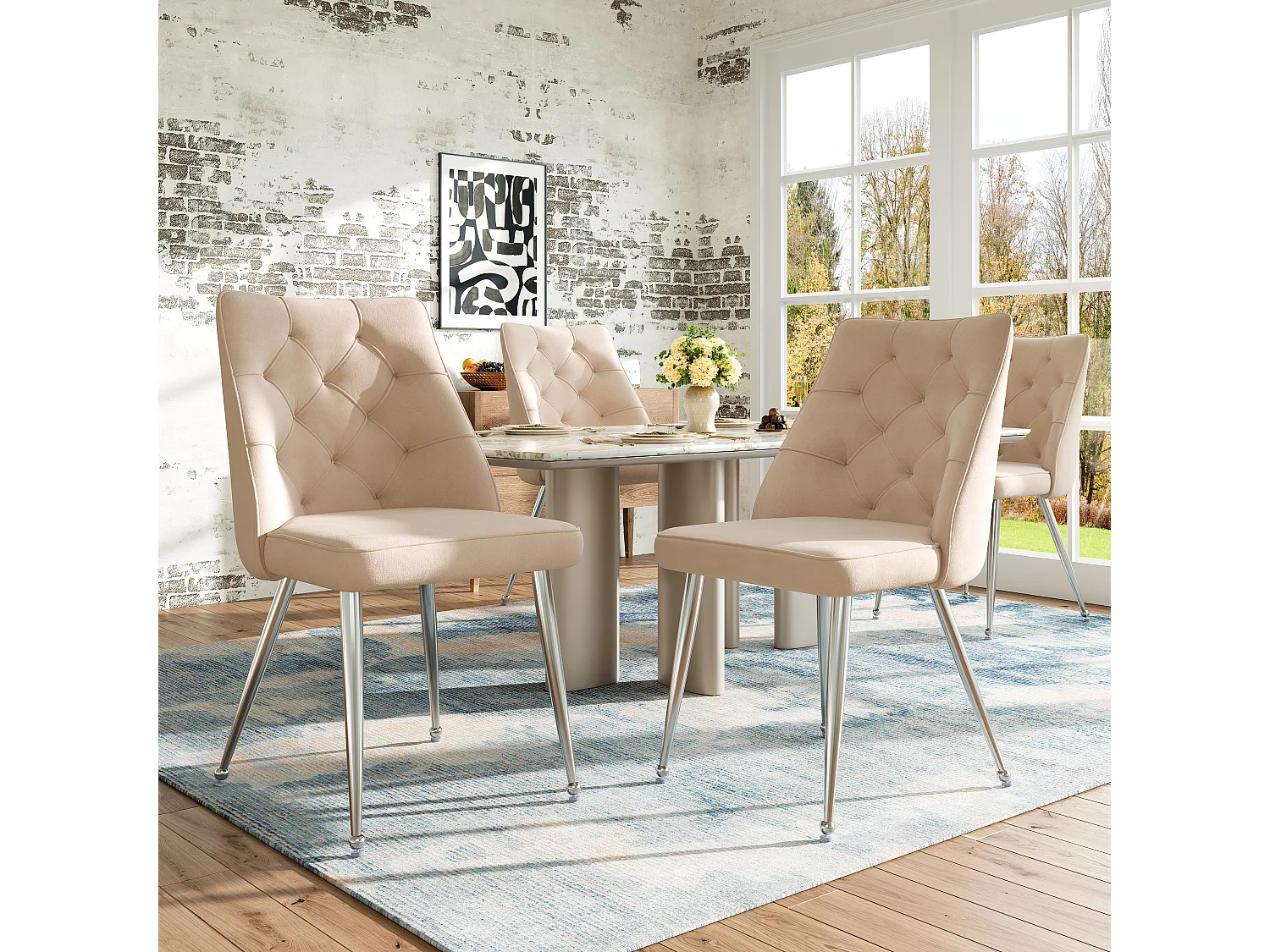 Set van 4 eetkamerstoelen zonder armleuningen - 51 x 60 x 87 cm - fluweel en zilveren ijzeren poten - beige