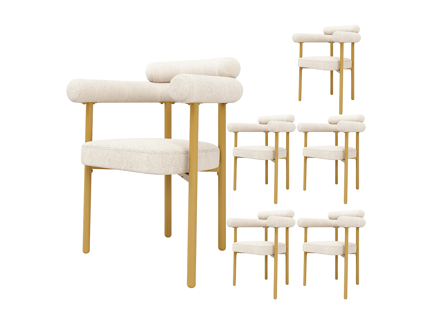 Set van 6 eetkamerstoelen met armleuningen - 70 x 62 x 84 cm - fluweel en gouden metalen poten - moderne stijl - beige