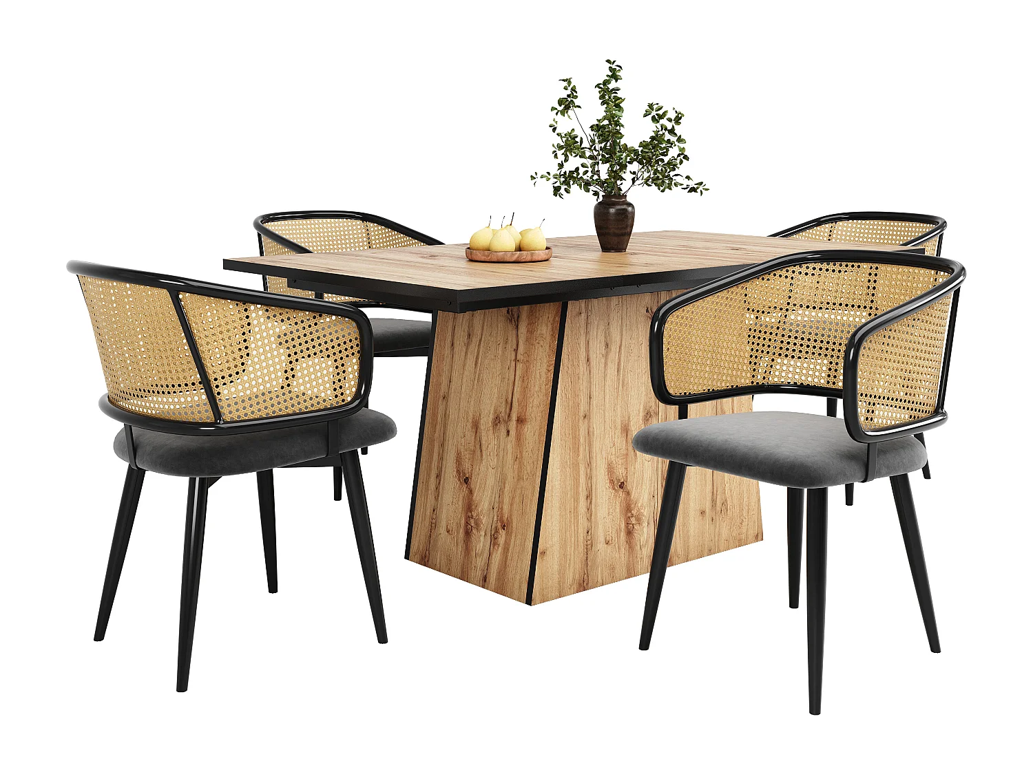 Conjunto de 4 cadeiras de jantar de vime com encosto - 51 x 47 x 79 cm - Ferro, couro PU, veludo - Estilo moderno - Cinza