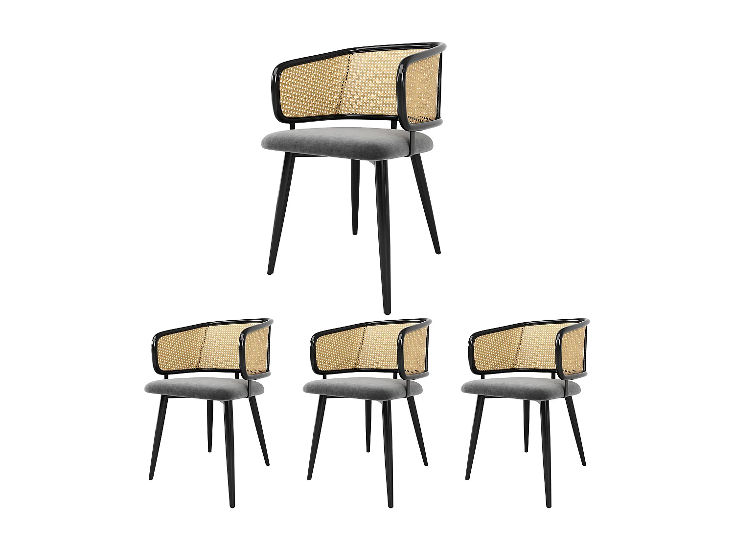 Lot de 4 chaises de salle à manger avec dossier en rotin - 51 x 47 x 79 cm - Fer, cuir PU, velours - Style moderne - Gris