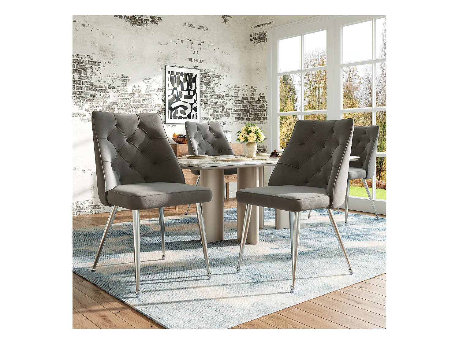 Juego de 4 sillas de comedor sin brazos - 51 x 60 x 87 cm - Patas de terciopelo y hierro plateado - Gris