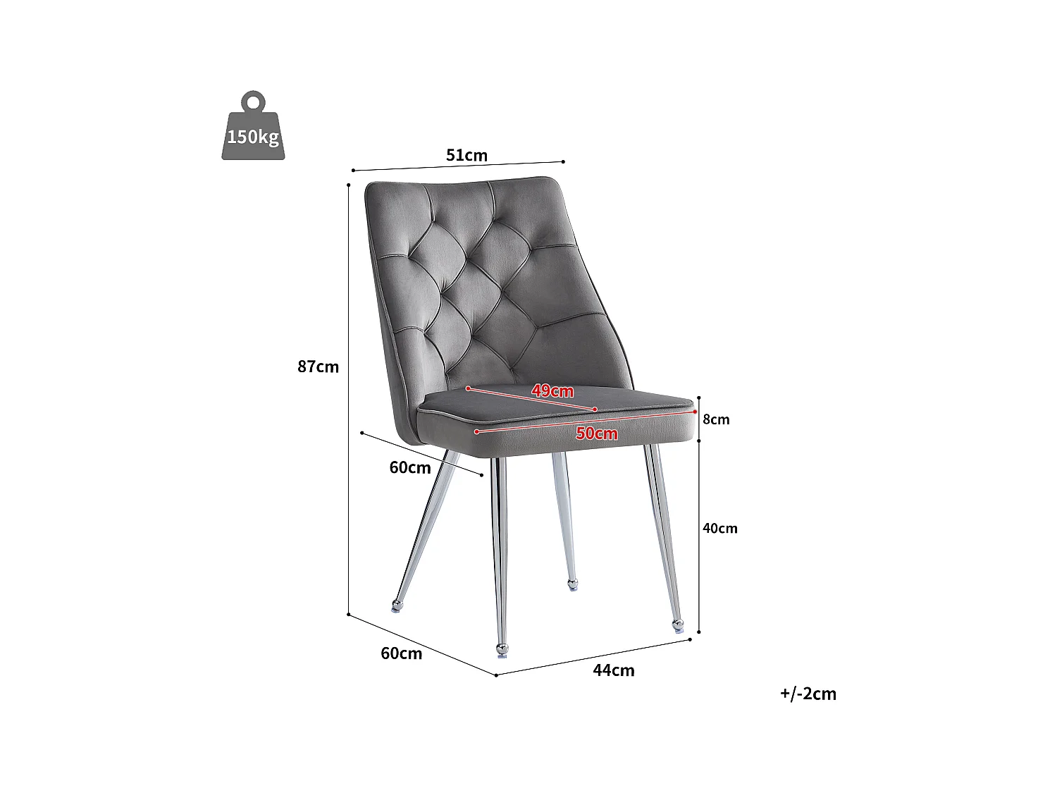 Set di 4 sedie da pranzo senza braccioli - 51 x 60 x 87 cm - Velluto e gambe in ferro argentato - Grigio