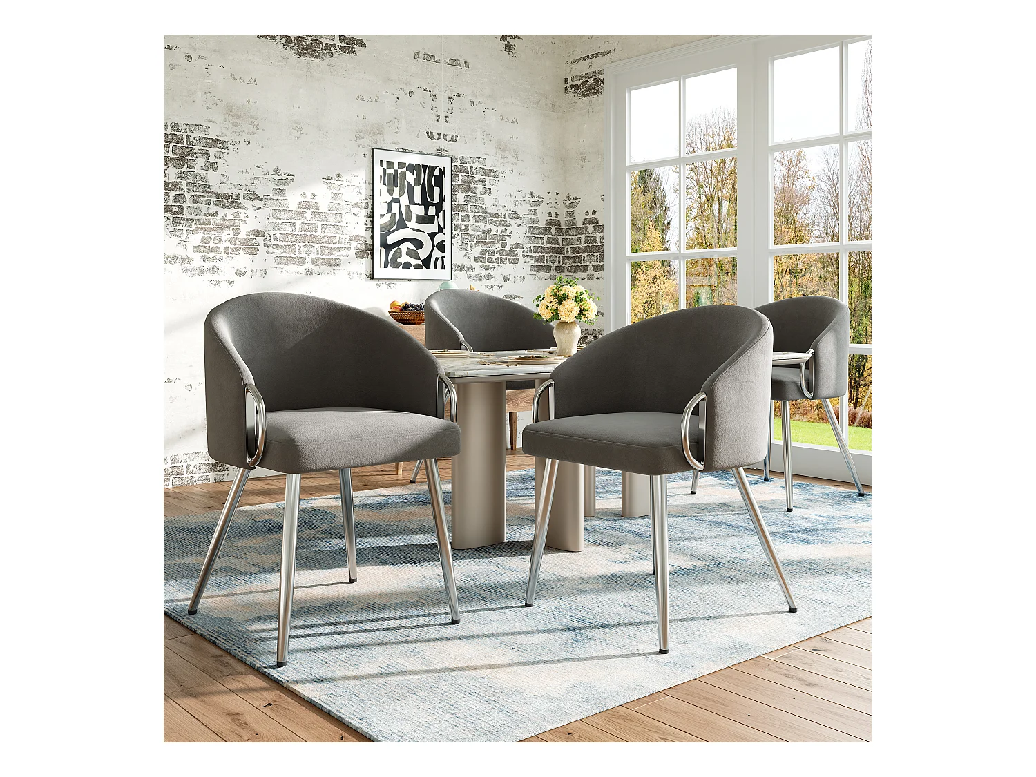 Lot de 4 chaises de salle à manger avec accoudoirs - 56 x 56 x 76 cm - Velours et pieds en métal doré - Gris