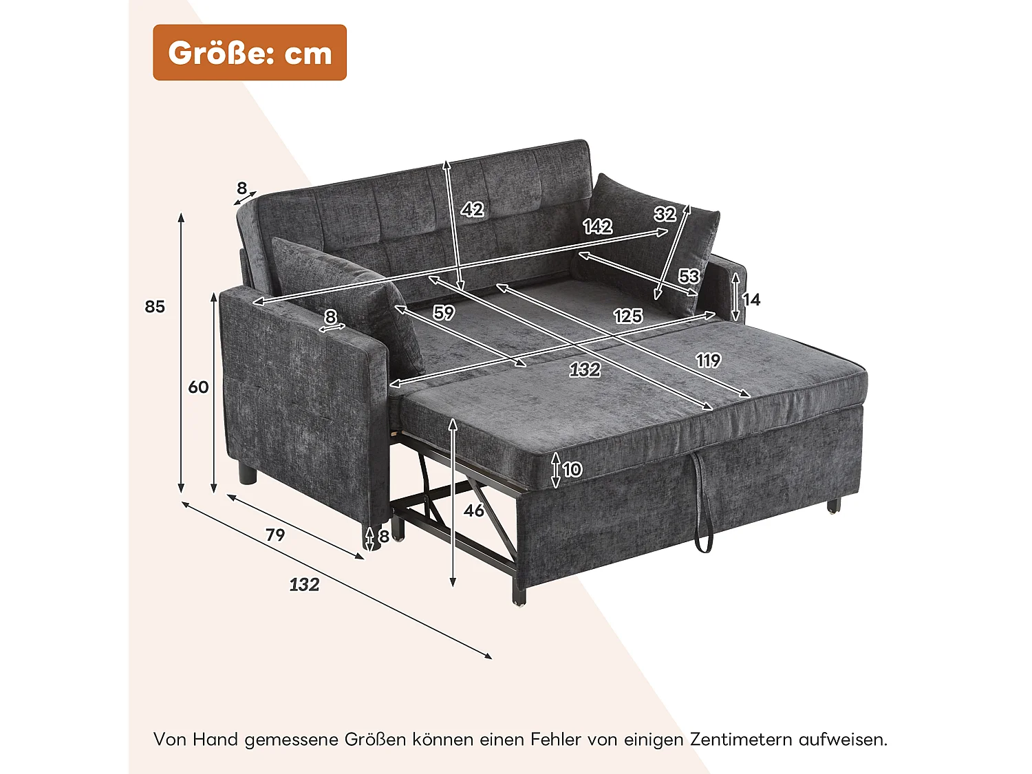 Sofa 2-osobowa rozkładana, rozkładana sofa w tkaninie szenilowej - 142 x 79/174 x 85 cm - z funkcją spania i regulowanym oparciem - czarna