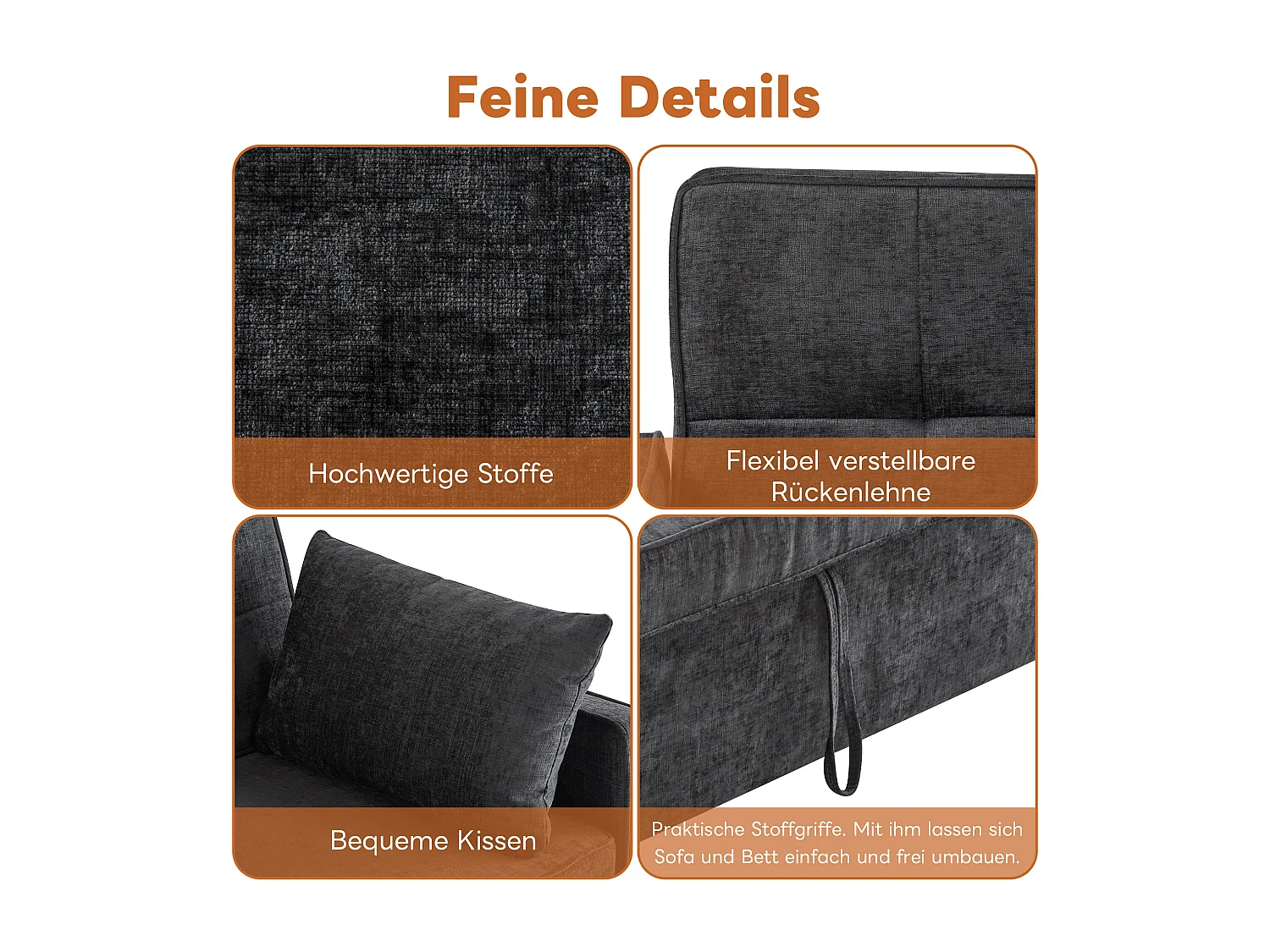 Canapé convertible 2 places, Canapé-lit pliant en tissu chenille - 142 x 79/174 x 85 cm - avec fonction sommeil et dossier réglable - Noir