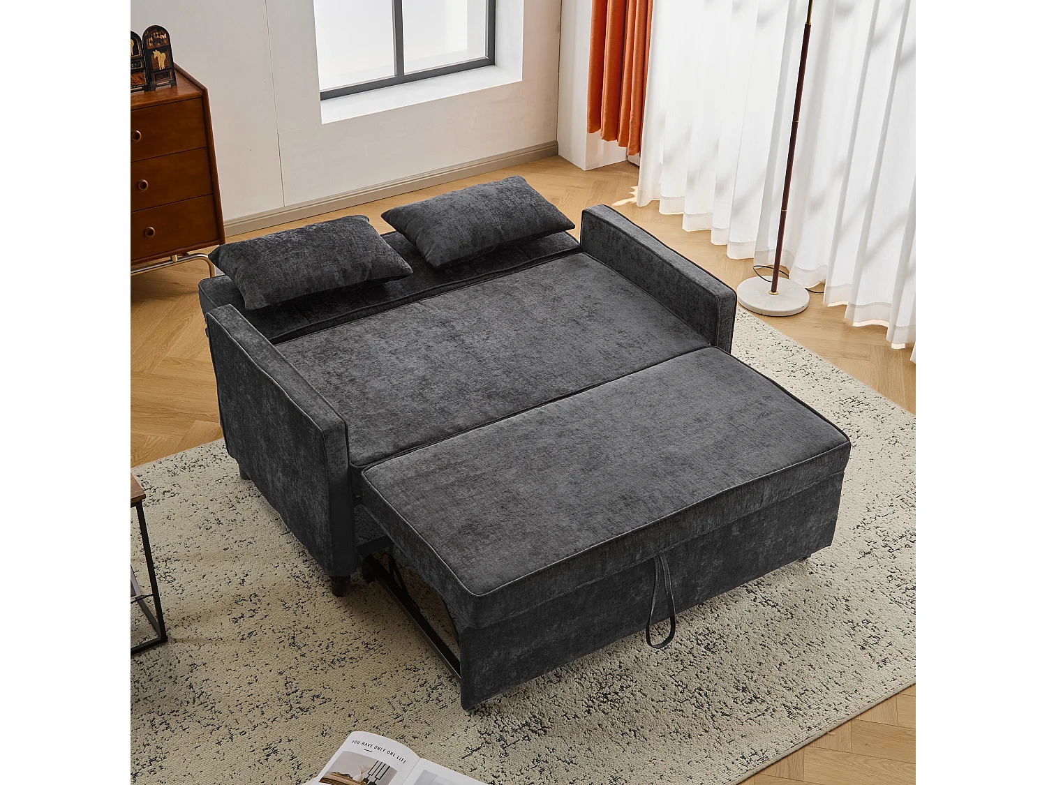 Canapé convertible 2 places, Canapé-lit pliant en tissu chenille - 142 x 79/174 x 85 cm - avec fonction sommeil et dossier réglable - Noir