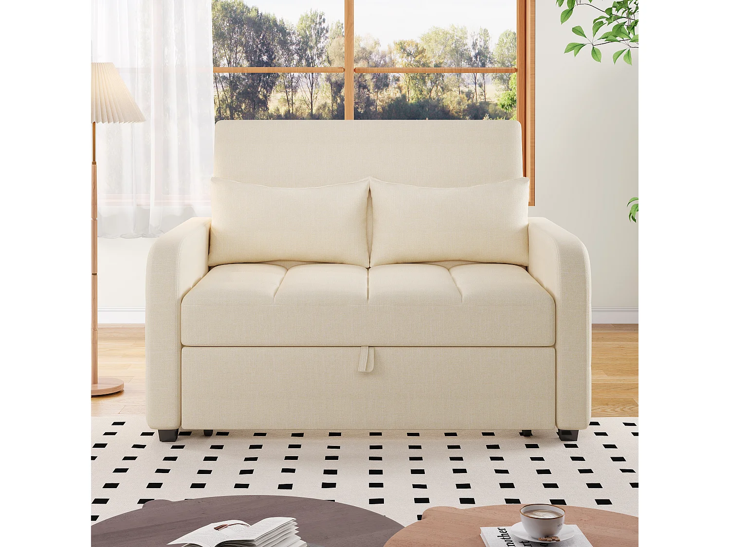 Sofa 2-osobowa rozkładana, rozkładana sofa w tkaninie lnianej - 127 x 75 x 94 cm - z funkcją spania - beżowa