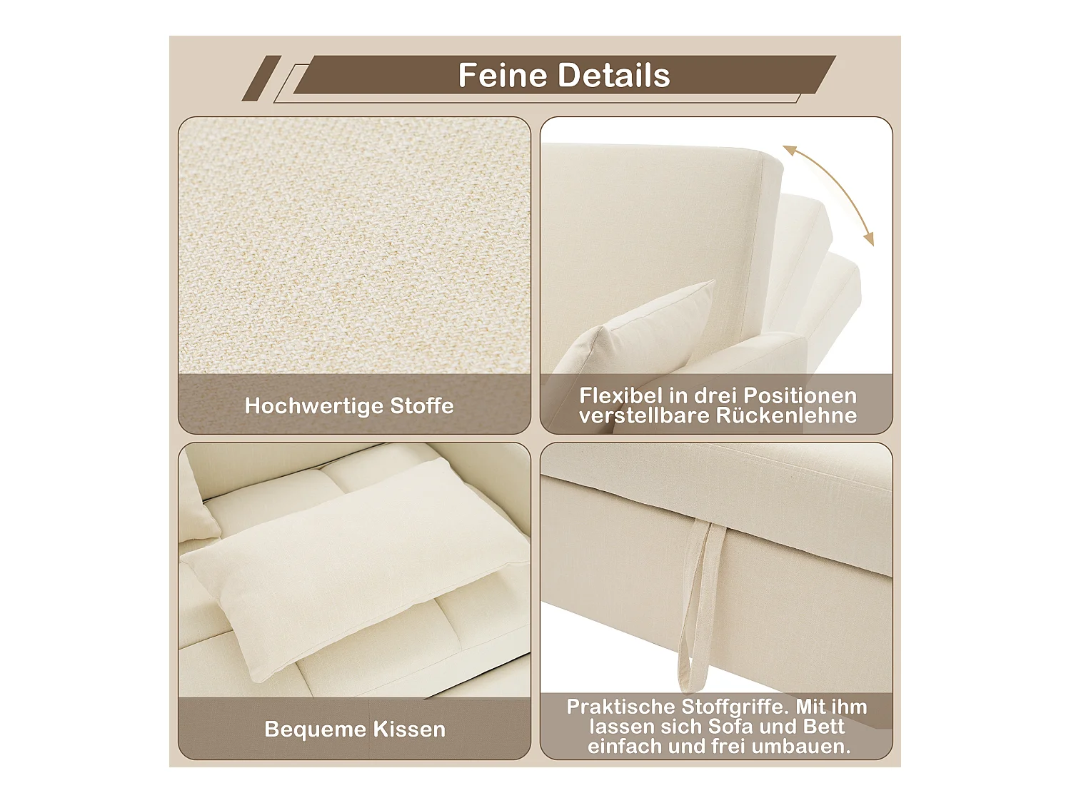 Sofa 2-osobowa rozkładana, rozkładana sofa w tkaninie lnianej - 127 x 75 x 94 cm - z funkcją spania - beżowa