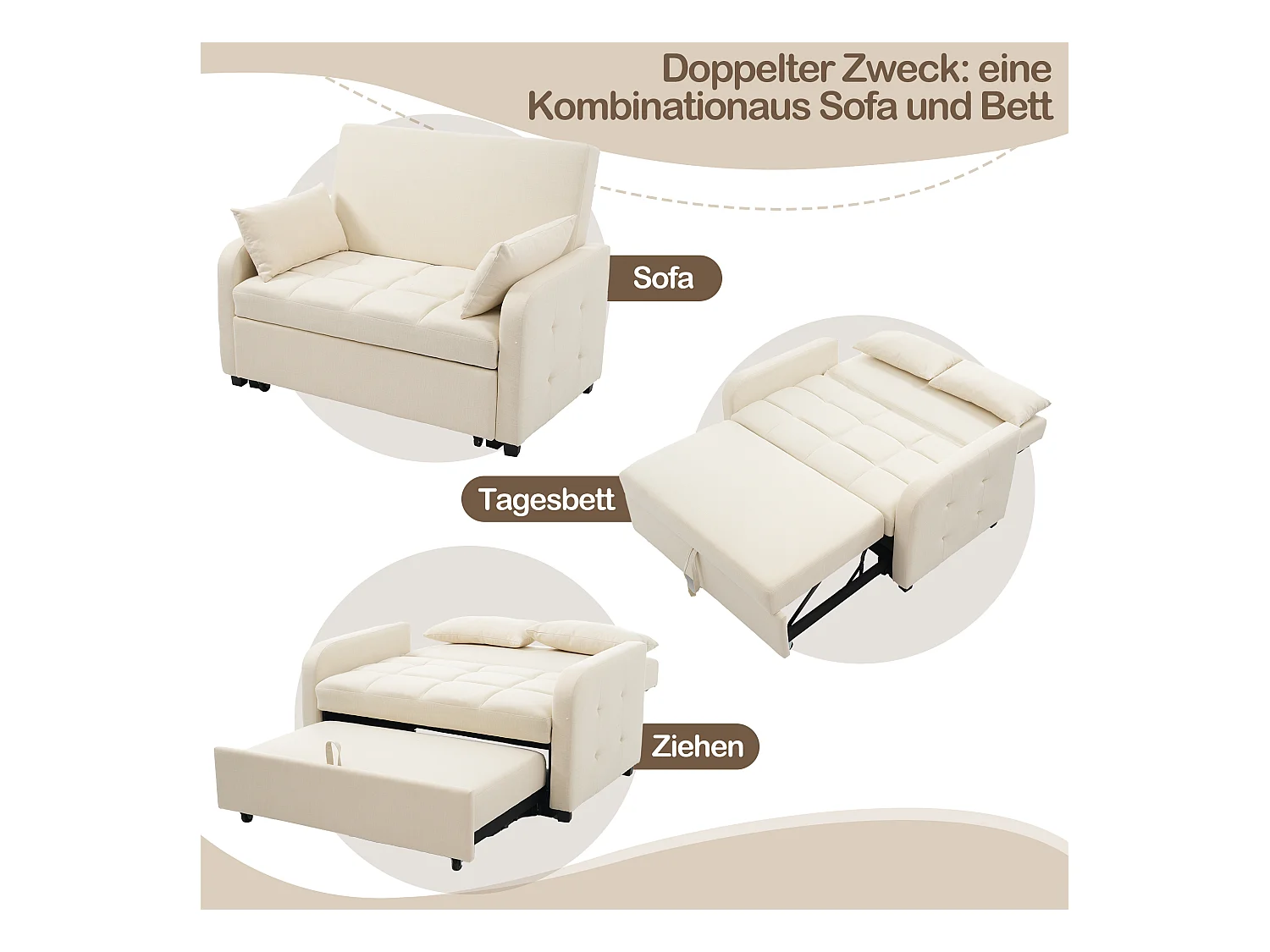 Sofa 2-osobowa rozkładana, rozkładana sofa w tkaninie lnianej - 127 x 75 x 94 cm - z funkcją spania - beżowa
