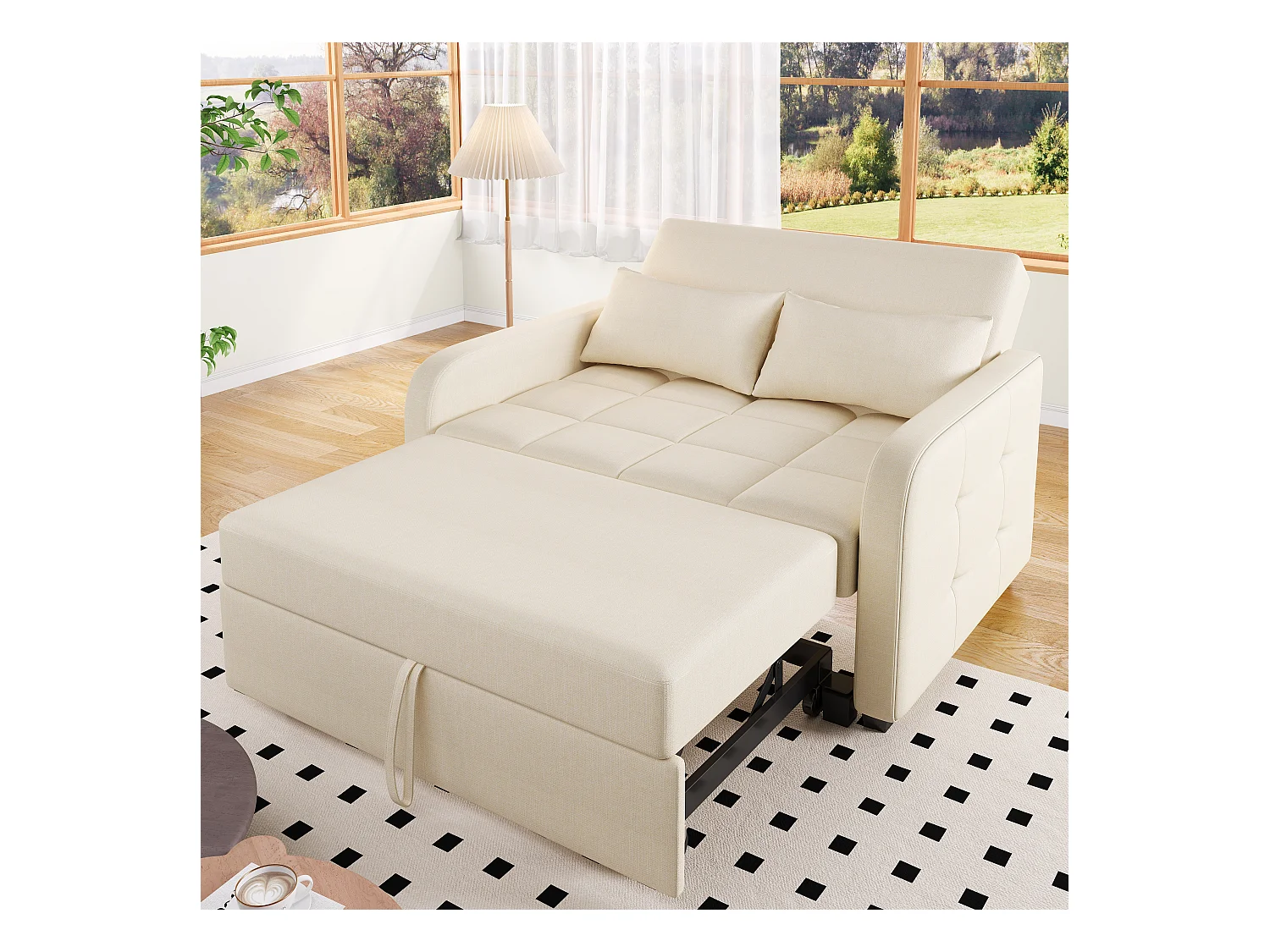 Canapé convertible 2 places, Canapé-lit pliant en tissu lin - 127 x 75 x 94 cm - avec fonction sommeil - Beige