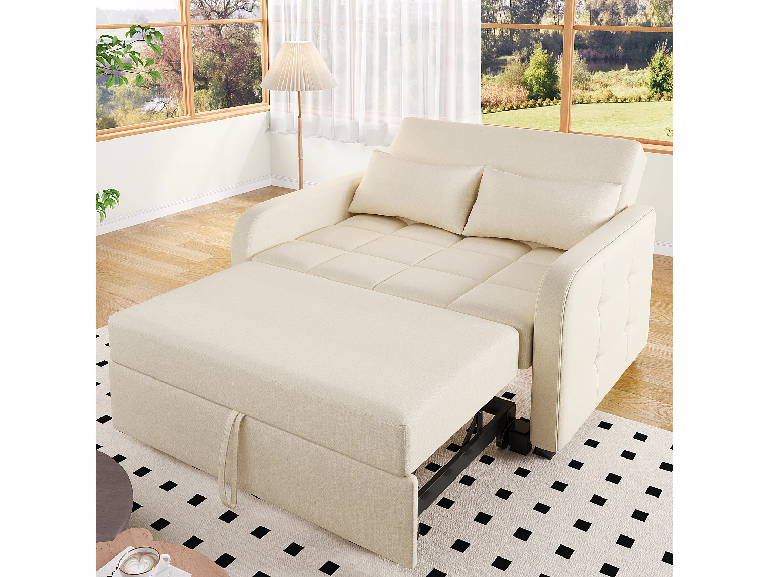 Canapé convertible 2 places, Canapé-lit pliant en tissu lin - 127 x 75 x 94 cm - avec fonction sommeil - Beige