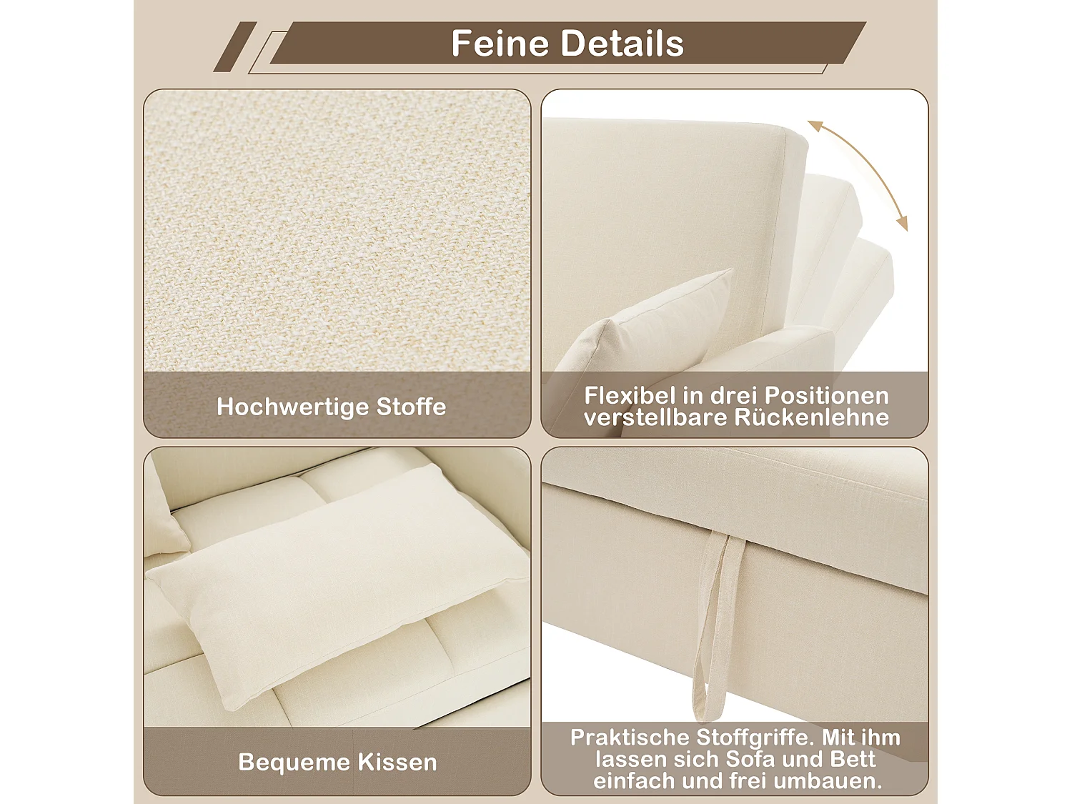 Canapé convertible 2 places, Canapé-lit pliant en tissu lin - 127 x 75 x 94 cm - avec fonction sommeil - Beige