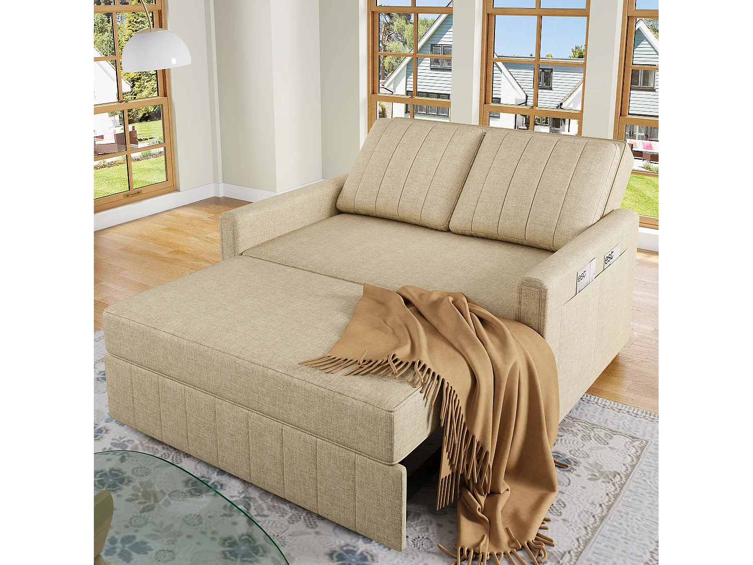 Slaapbank 2-zits, opvouwbare slaapbank in linnen stof - 127 x 75/180 x 94 cm - met slaapfunctie en verstelbare rugleuning - beige