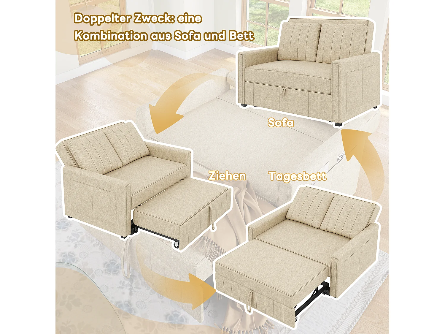 Slaapbank 2-zits, opvouwbare slaapbank in linnen stof - 127 x 75/180 x 94 cm - met slaapfunctie en verstelbare rugleuning - beige