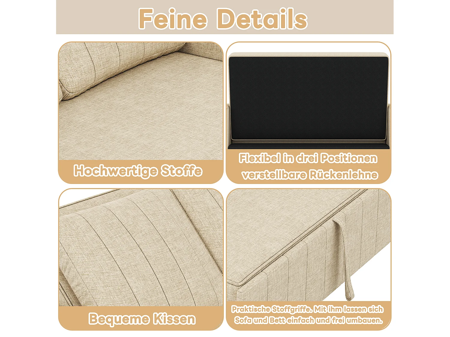 Slaapbank 2-zits, opvouwbare slaapbank in linnen stof - 127 x 75/180 x 94 cm - met slaapfunctie en verstelbare rugleuning - beige