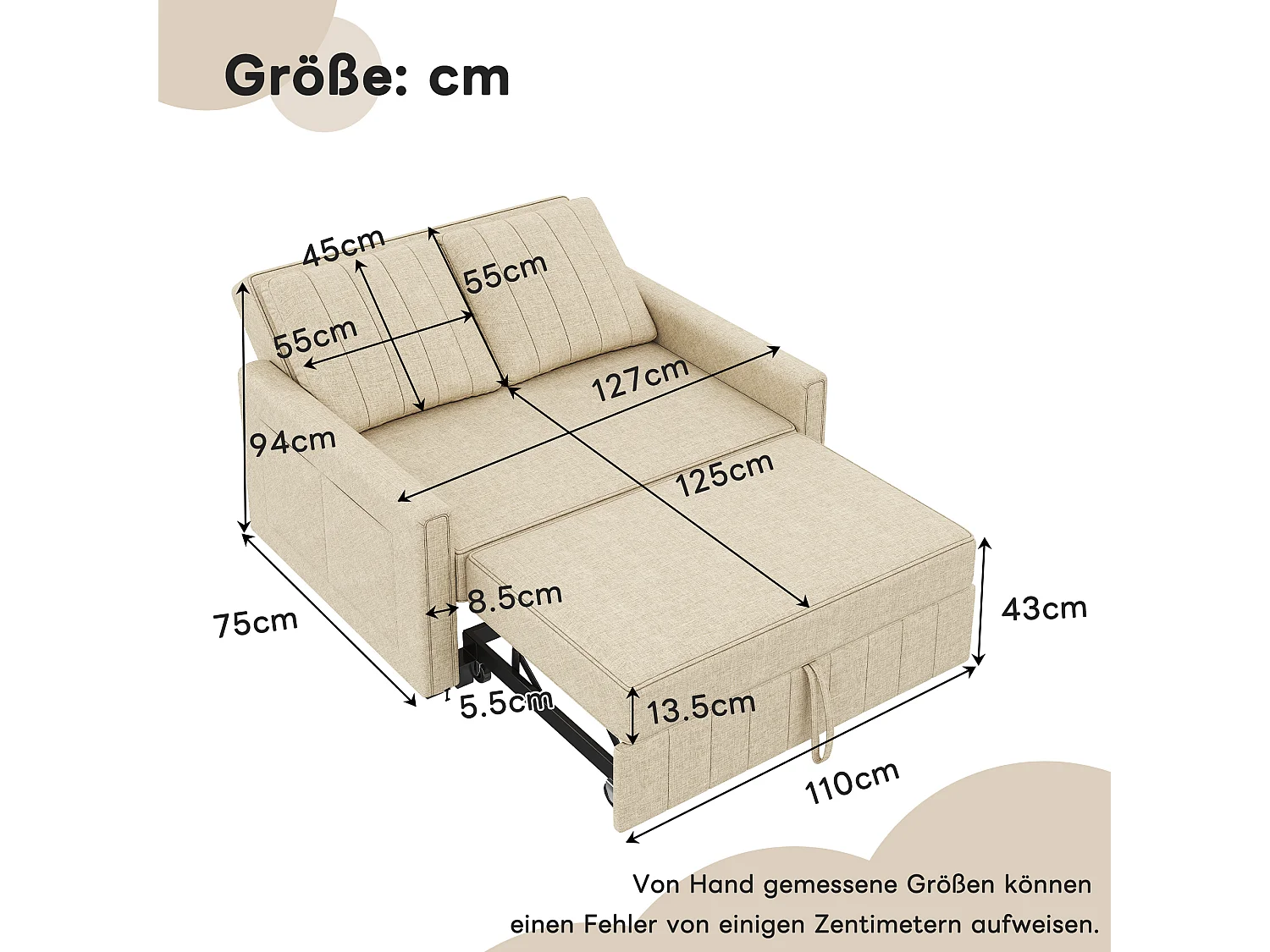 Slaapbank 2-zits, opvouwbare slaapbank in linnen stof - 127 x 75/180 x 94 cm - met slaapfunctie en verstelbare rugleuning - beige