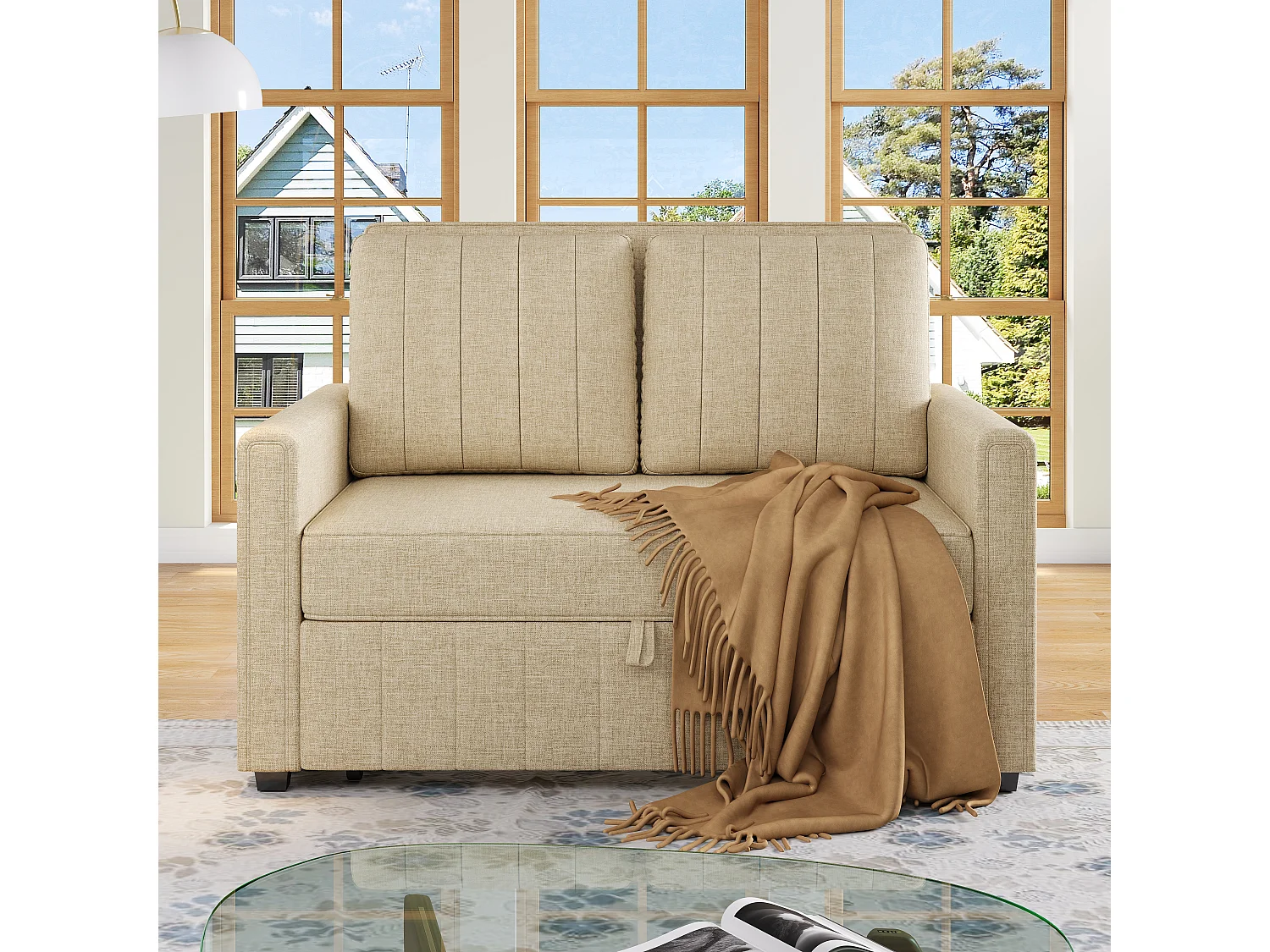 Slaapbank 2-zits, opvouwbare slaapbank in linnen stof - 127 x 75/180 x 94 cm - met slaapfunctie en verstelbare rugleuning - beige
