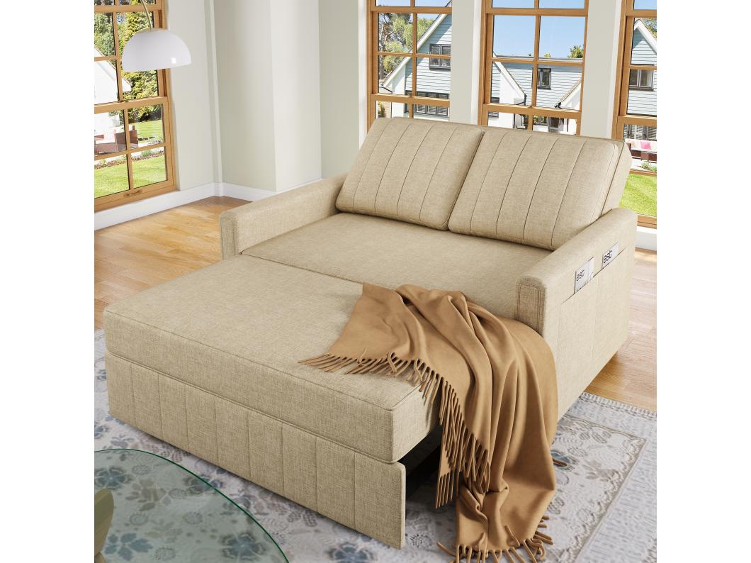 Slaapbank 2-zits, opvouwbare slaapbank in linnen stof - 127 x 75/180 x 94 cm - met slaapfunctie en verstelbare rugleuning - beige