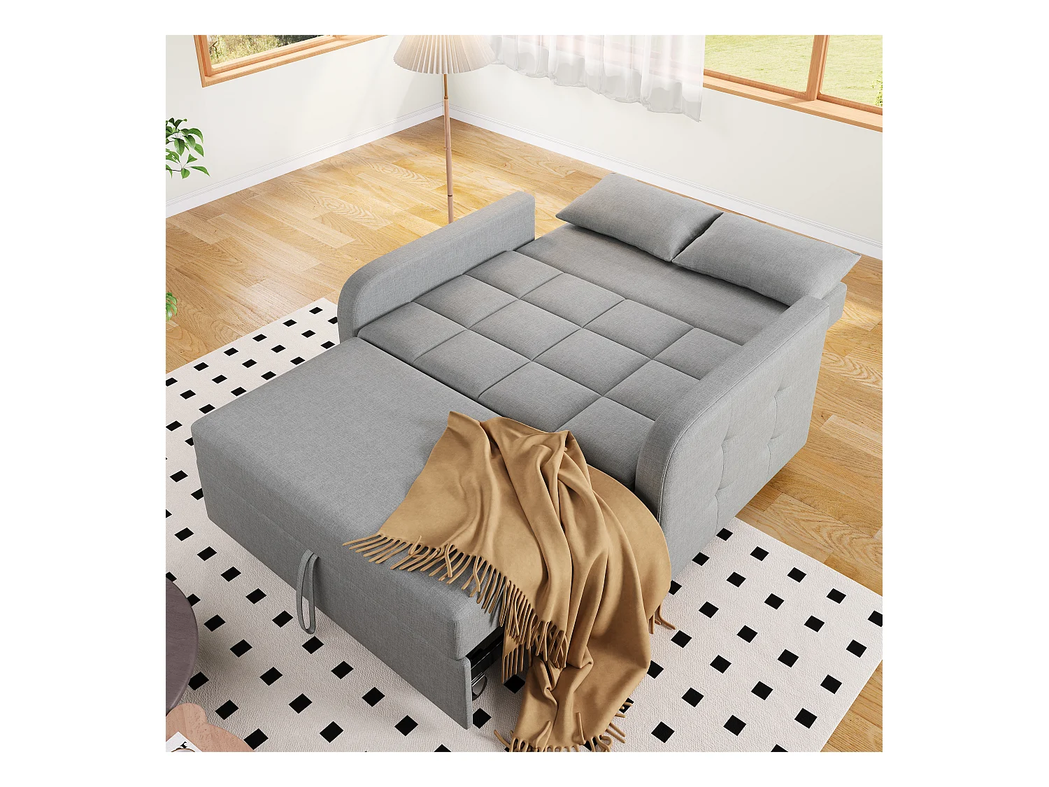 Canapé convertible 2 places, Canapé-lit pliant en tissu lin - 127 x 75 x 94 cm - avec fonction sommeil - Gris