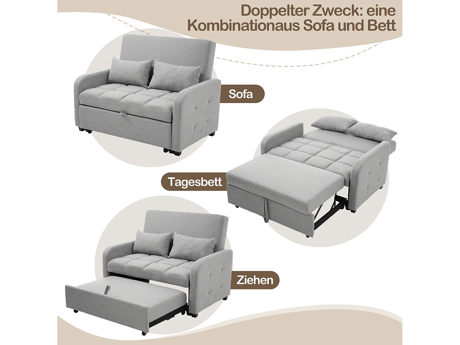 Canapé convertible 2 places, Canapé-lit pliant en tissu lin - 127 x 75 x 94 cm - avec fonction sommeil - Gris